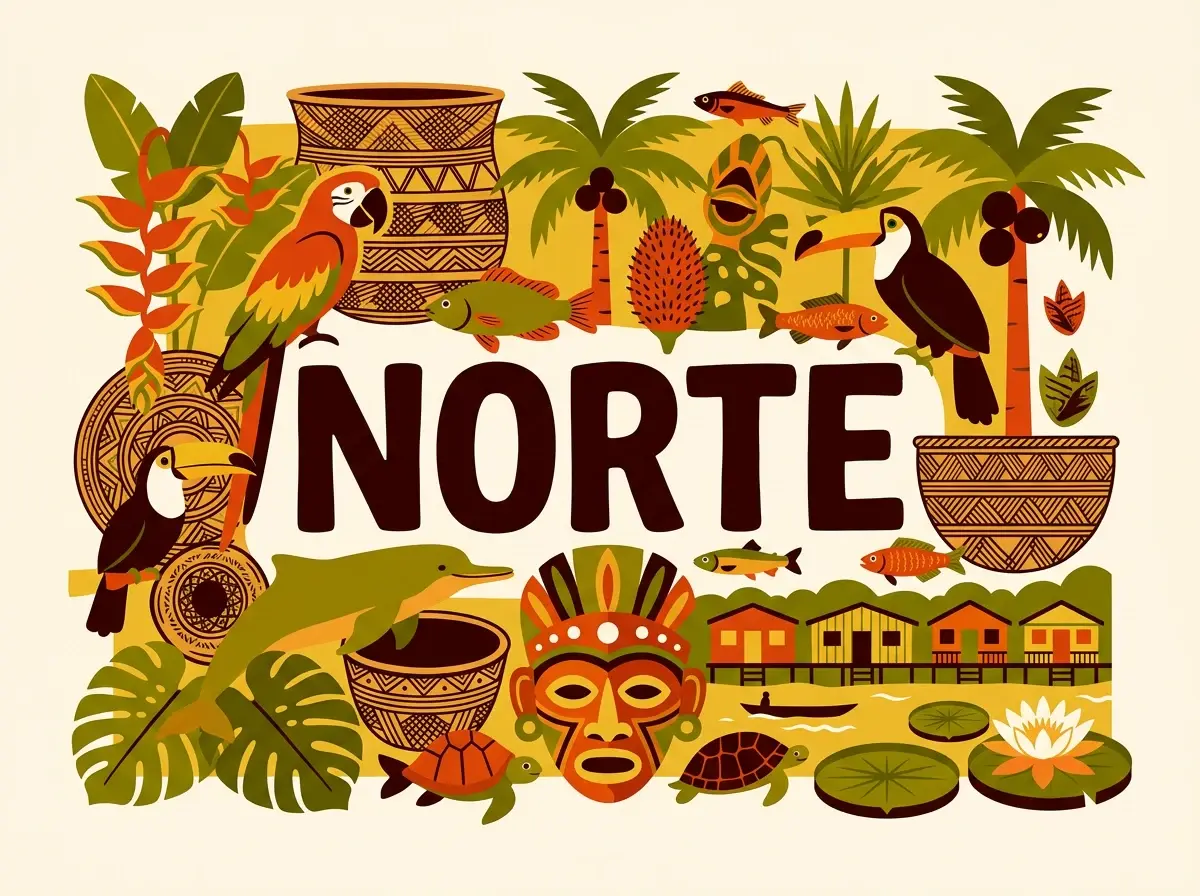 Ilustração com a palavra Norte cercada por fauna, flora, cestaria, máscara e casas ribeirinhas da Amazônia